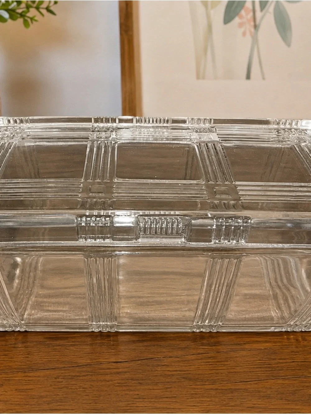 Vintage Clear Pressed Glass Refrigerator Dish w/ Lid Art Deco